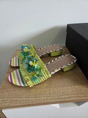 Betsey Johnson Green Floral Embellished Slide Mules